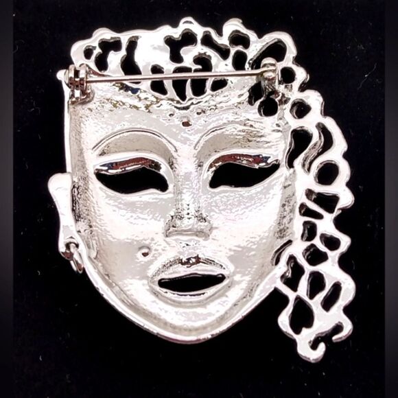 Silver Masquerade Mask Brooch Pendant Jewelry Vintage - Picture 7 of 8